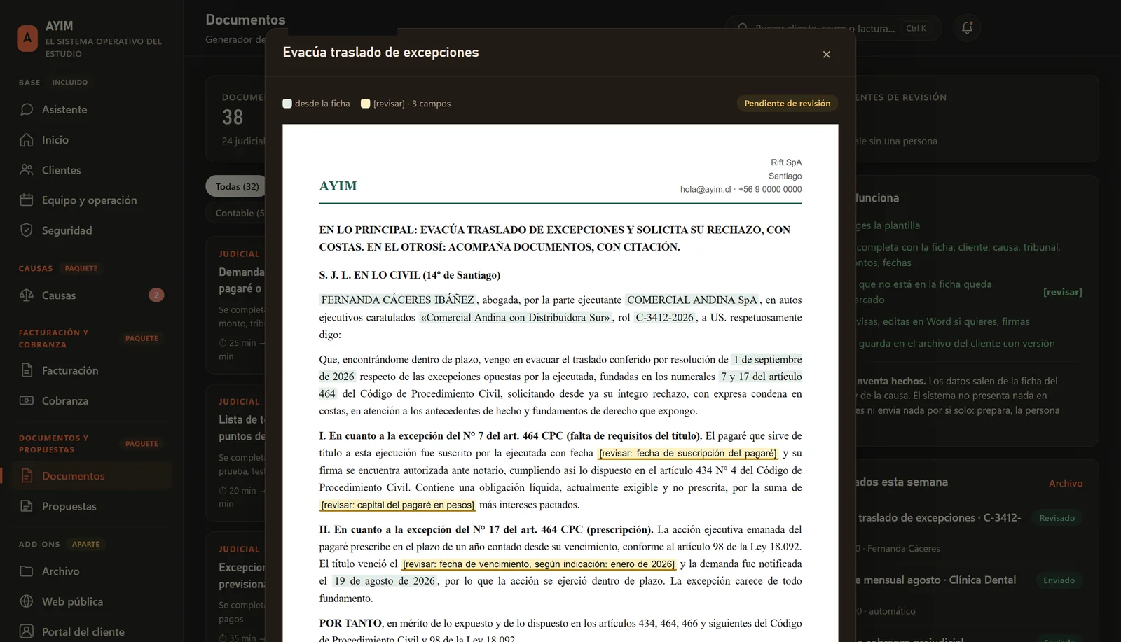 Escrito generado automáticamente con los datos de la ficha marcados y los campos por revisar resaltados.