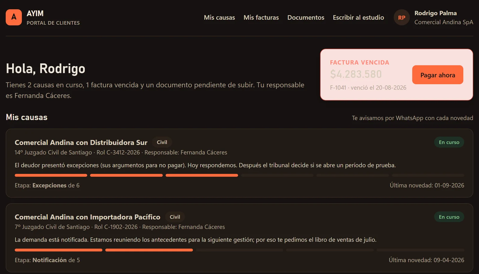 Portal del cliente con sus causas, el avance de cada una y una factura vencida para pagar.